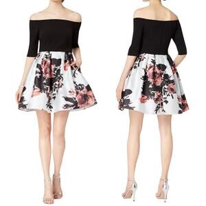 Betsy & Adam Fit & Flare Dress Off Shoulder A Line Floral Mini Black Womens 8